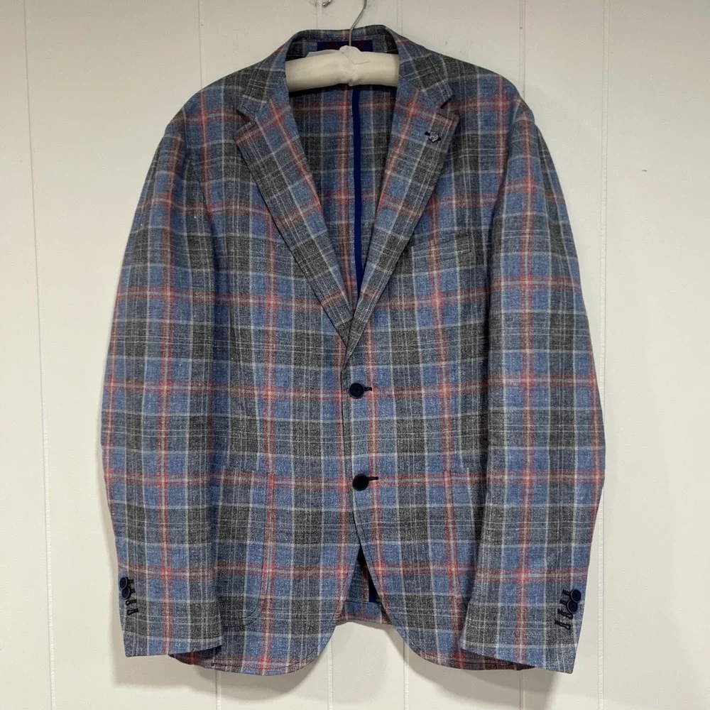 Spada Roma Blazer Mens IT54R US 44R Blue Linen Blend Sport Jacket Plaid